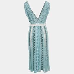 Pre Owned M Missoni Blue Patterned Knit V-Neck Sleeveless Midi Dress L