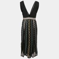 M Missoni Black/Blue Patterned Knit Plunge Neck Midi Dress L