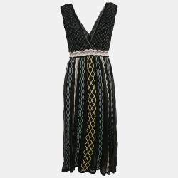 M Missoni Black/Blue Patterned Knit Plunge Neck Midi Dress L