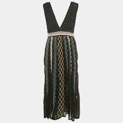 M Missoni Black/Blue Patterned Knit Plunge Neck Midi Dress L