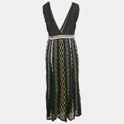 Pre Owned M Missoni Black/Blue Patterned Knit Plunge Neck Midi Dress L