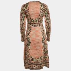 Pre Owned M Missoni Beige/Green Floral Pattern Knit Long Sleeve Midi Dress L