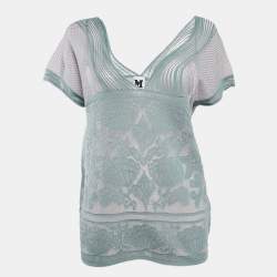 Pre Owned M Missoni Ice Blue Lurex Textured Knit V-Neck Top L