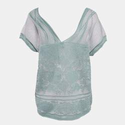 M Missoni Ice Blue Lurex Textured Knit V-Neck Top L