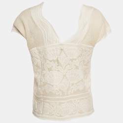 Pre Owned M Missoni White Seashell Pattern Lurex Knit V-Neck Top M