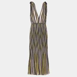 Pre Owned M Missoni Yellow / Black Patterned Lurex Knit Sleeveless Midi Dress L 