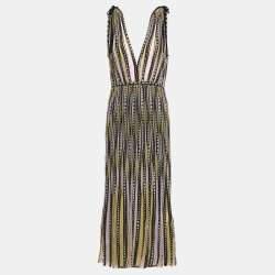Pre Owned M Missoni Yellow / Black Patterned Lurex Knit Sleeveless Midi Dress L 