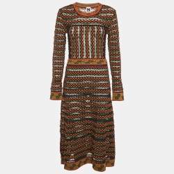 Pre Owned M Missoni Black/Orange Pointelle Knit Long Sleeve Midi Dress M