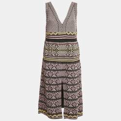 Pre Owned M Missoni Black/Pink Patterned Lurex Knit V-Neck Midi Dress S