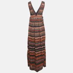 Pre Owned M Missoni Orange/Plum Stripe Pattern Lurex Knit Maxi Dress L