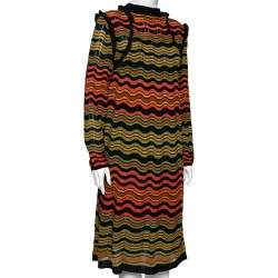Pre Owned M Missoni Multicolor Wave Perforated Pattern Knit Ruffle Detailed Midi Dress L