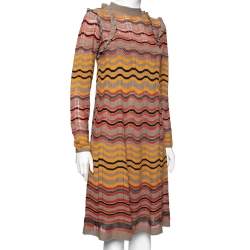Pre Owned M Missoni Multicolor Wave Perforated Pattern Knit Ruffle Detailed Midi Dress S