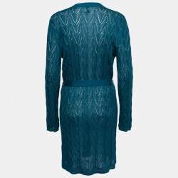 Pre Owned M Missoni Blue Patterned Pointelle Knit Open Front Belted Cardigan L