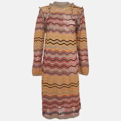 Pre Owned M Missoni Brown Chevron Knit Ruffled Long Sleeve Midi Dress L