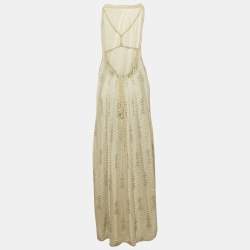 M Missoni Green Chevron Lurex Knit Halter Neck Lace-Up Maxi Dress XL