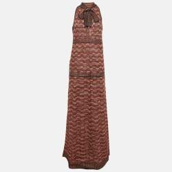 Pre Owned M Missoni Black/Pink Patterned Lurex Knit Neck Tie Detail Maxi Dress M