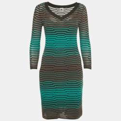 Pre Owned M Missoni Blue/Grey Textured Knit V-Neck Mini Dress M