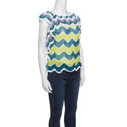 مملوكة مسبقًا M Missoni Multicolor Wave Pattern Perforated Knit Ruffle Trim Top S