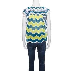 مملوكة مسبقًا M Missoni Multicolor Wave Pattern Perforated Knit Ruffle Trim Top S