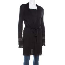 Pre Owned M Missoni Black Perforated Knit Open Front Belted Cardigan L