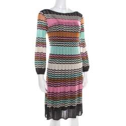 Pre Owned M Missoni Multicolor Lurex Chevron Patterned Knit Neck Tie Detail Dress M