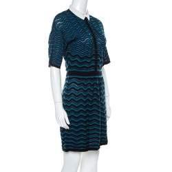 Pre Owned فستان إم ميزوني تريكو أزرق وأسود نمط مموج بياقة قابلة للفصل أكمام قصيرة M 