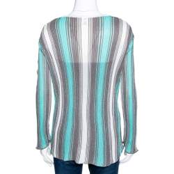 Pre Owned M Missoni Teal & Grey Striped Lurex Knit Button Front Cardigan L