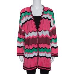 Pre Owned M Missoni Pink Zig Zag Perforated Knit Button Front Cardigan L