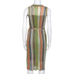 مملوكة مسبقًا M Missoni Green Striped Pointelle Knit Ruffled Wrap Dress M