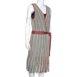 Pre Owned M Missoni Multicolor Striped Rib Knit Sleeveless Belted Dress L