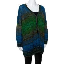 Pre Owned M Missoni Blue Wavy Textured Knit Button Front Cardigan M