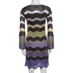 مملوكة مسبقًا M Missoni Grey & Purple Chevron Crochet Knit Long Sleeve Dress S