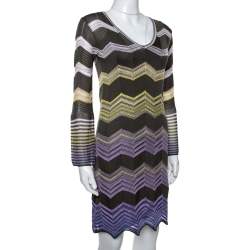 مملوكة مسبقًا M Missoni Grey & Purple Chevron Crochet Knit Long Sleeve Dress S