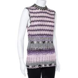 Pre Owned M Missoni Purple Chevron Knit Tie Up Top and Cardigan Set L