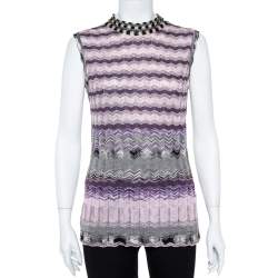 Pre Owned M Missoni Purple Chevron Knit Tie Up Top and Cardigan Set L