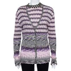 Pre Owned M Missoni Purple Chevron Knit Tie Up Top and Cardigan Set L