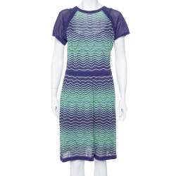 Pre Owned M Missoni Bicolor Wave Knit Drop Waist Dress & Button Front Cardigan Set L