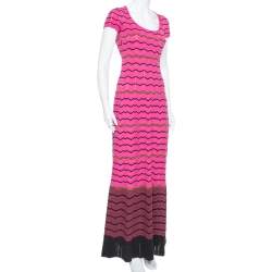 Pre Owned M Missoni Pink Chevron Patterned Perforated Knit Maxi Dress M