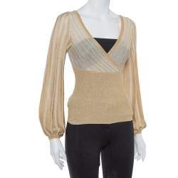 Pre Owned M Missoni Metallic Gold Perforated Knit Fitted Long Sleeve Top S