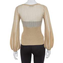 Pre Owned M Missoni Metallic Gold Perforated Knit Fitted Long Sleeve Top S