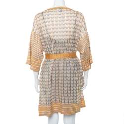 Pre Owned M Missoni Multicolor Patterned Perforated Knit Boat Neck Belted Dress L