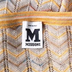 Pre Owned M Missoni Multicolor Patterned Perforated Knit Boat Neck Belted Dress L