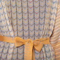 Pre Owned M Missoni Multicolor Patterned Perforated Knit Boat Neck Belted Dress L