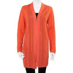 Pre Owned كارديغان إم ميزوني صوف تريكو نمط شيفرون خوخي مفتوح مقاس كبير جدًا - إكس لارج