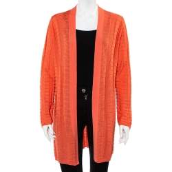 Pre Owned كارديغان إم ميزوني صوف تريكو نمط شيفرون خوخي مفتوح مقاس كبير جدًا - إكس لارج