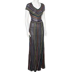 Pre Owned M Missoni Black & Multicolored Striped Lurex Knit Maxi Dress M
