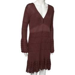 M Missoni Burgundy Patterned Knit Long Sleeve V-Neck Dress L