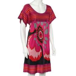 Pre Owned M Missoni Pink Floral Printed jersey & Striped Knit Dress L