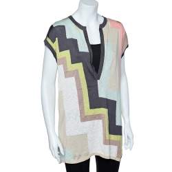 مملوكة مسبقًا M Missoni Multicolor Geometric Pattern Cotton Knit Plunging Neck Top M