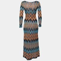 M Missoni Blue & Orange Chevron Patterned Lurex Knit Maxi Dress M